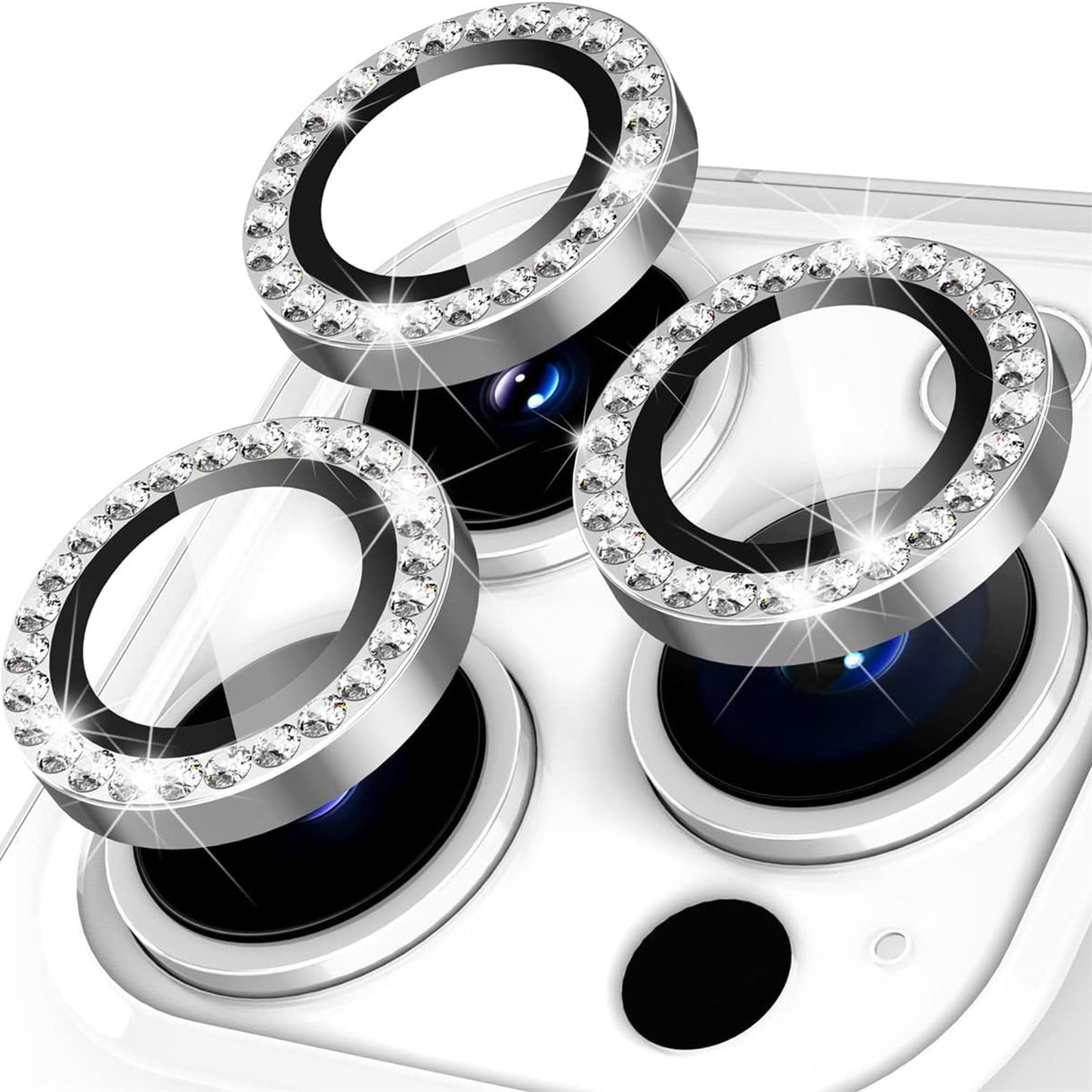 Uniqkart for iPhone 15 Pro / 15 Pro Max Camera Lens Protector Set Metal Rhinestone Ring Tempered Glass Lens Film - Silver