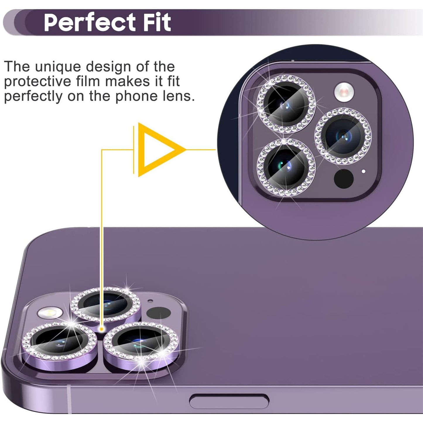 Uniqkart for iPhone 15 Pro / 15 Pro Max Camera Lens Protector Set Metal Rhinestone Ring Tempered Glass Lens Film - Purple