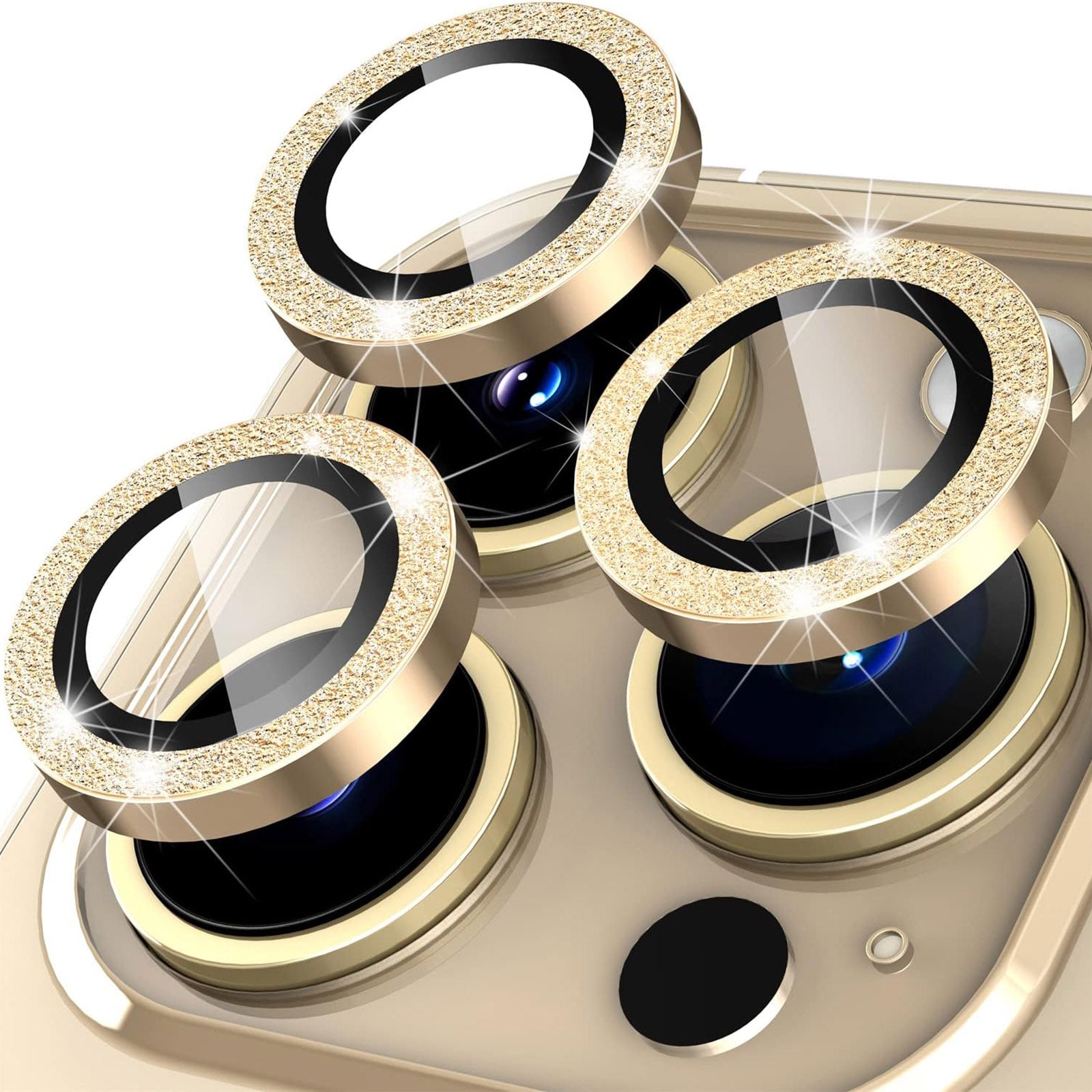 Uniqkart for iPhone 15 Pro / 15 Pro Max Ring Circle Lens Film Set Glitter Metal+Tempered Glass Camera Lens Protector - Gold