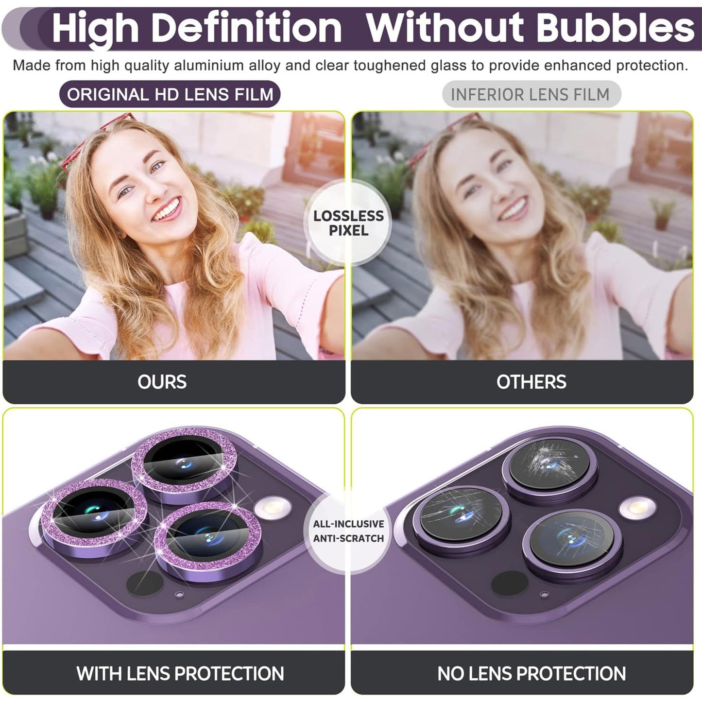 Uniqkart for iPhone 15 Pro / 15 Pro Max Ring Circle Lens Film Set Glitter Metal+Tempered Glass Camera Lens Protector - Purple