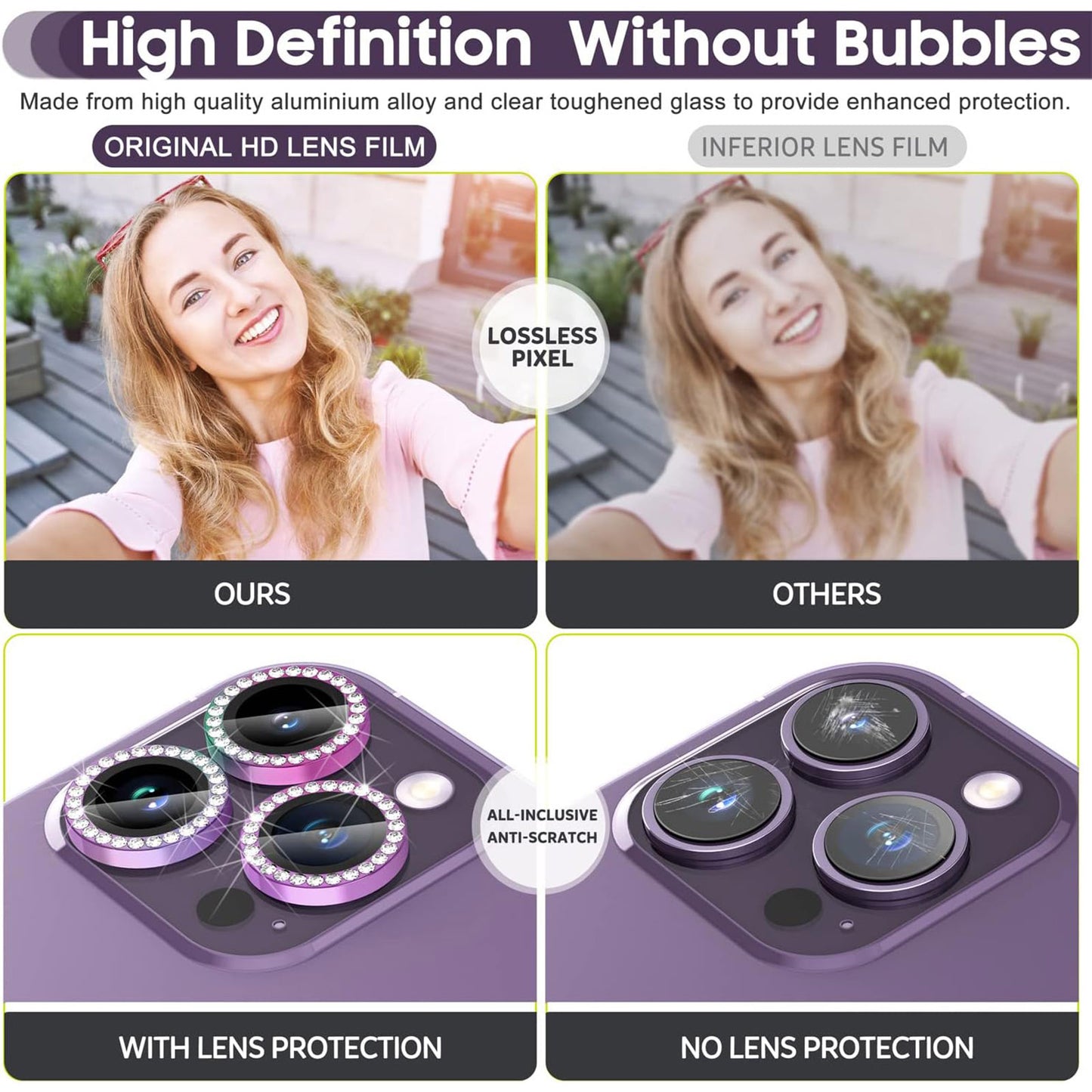 Uniqkart for iPhone 15 Pro / 15 Pro Max Rhinestone Camera Lens Protector Set Tempered Glass+Colorful Metal Ring Lens Film