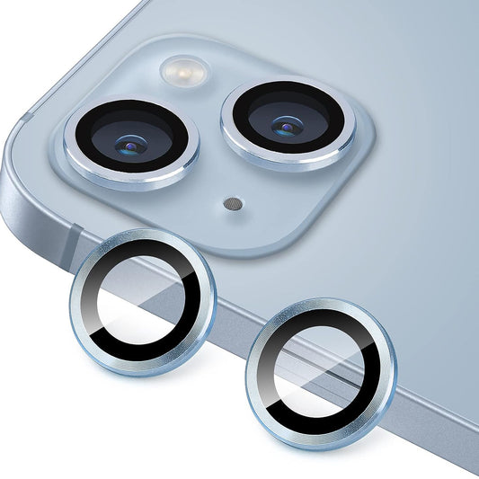 Uniqkart for iPhone 15 / 15 Plus Camera Lens Protector Set CD Vein Tempered Glass + Metal Ring Lens Film - Blue