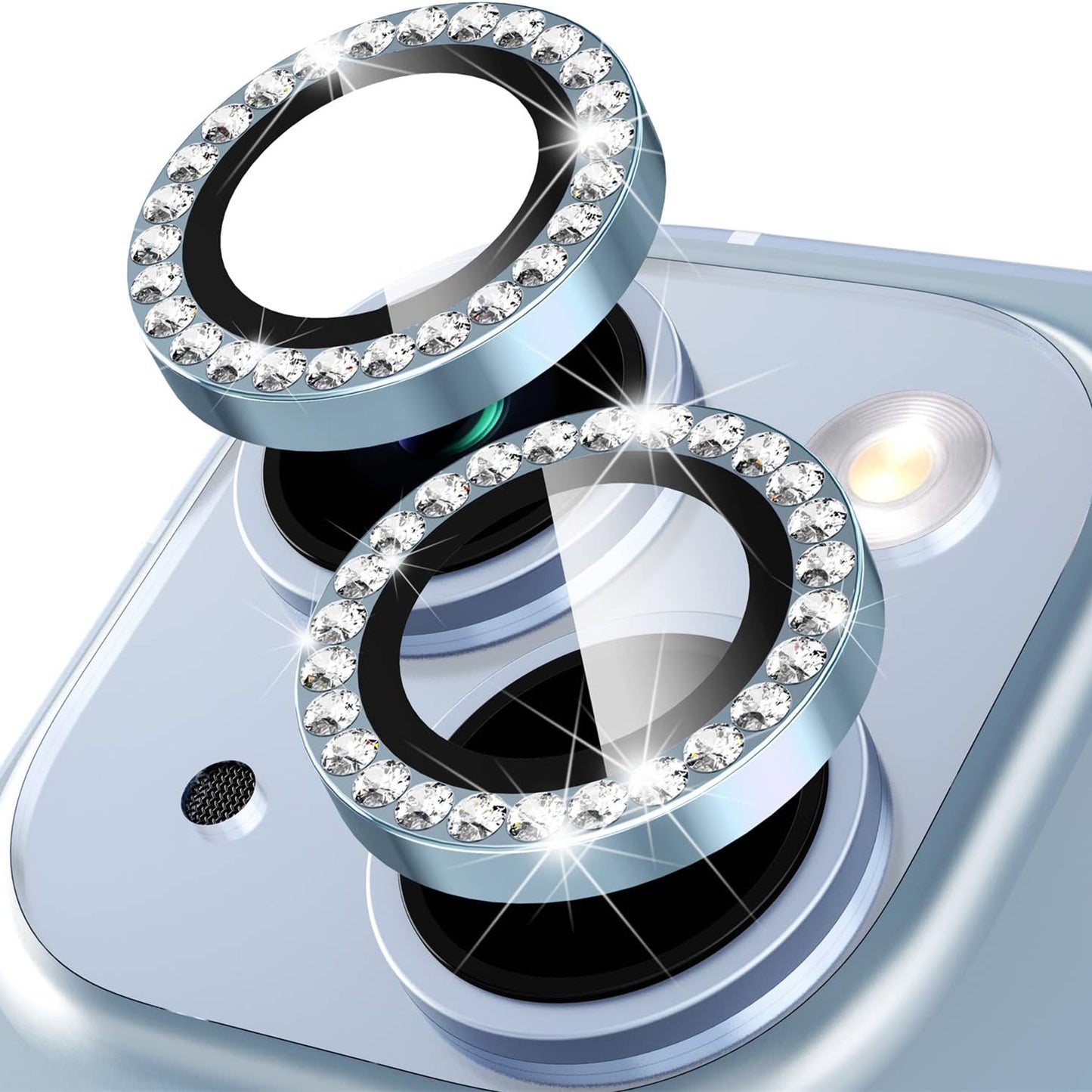Uniqkart for iPhone 15 / 15 Plus Rhinestone Decor Camera Lens Protector Set Tempered Glass+Metal Ring Cover Lens Film - Blue