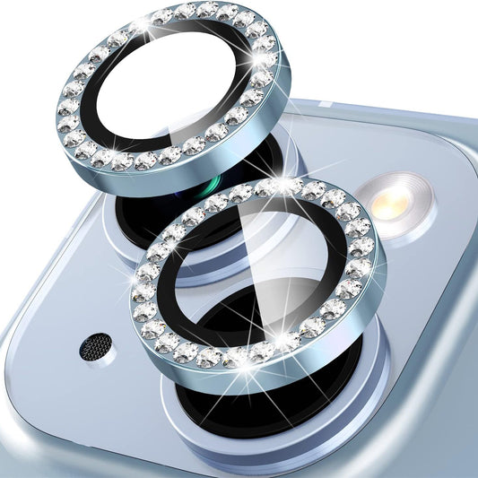 Uniqkart for iPhone 15 / 15 Plus Rhinestone Decor Camera Lens Protector Set Tempered Glass+Metal Ring Cover Lens Film - Blue