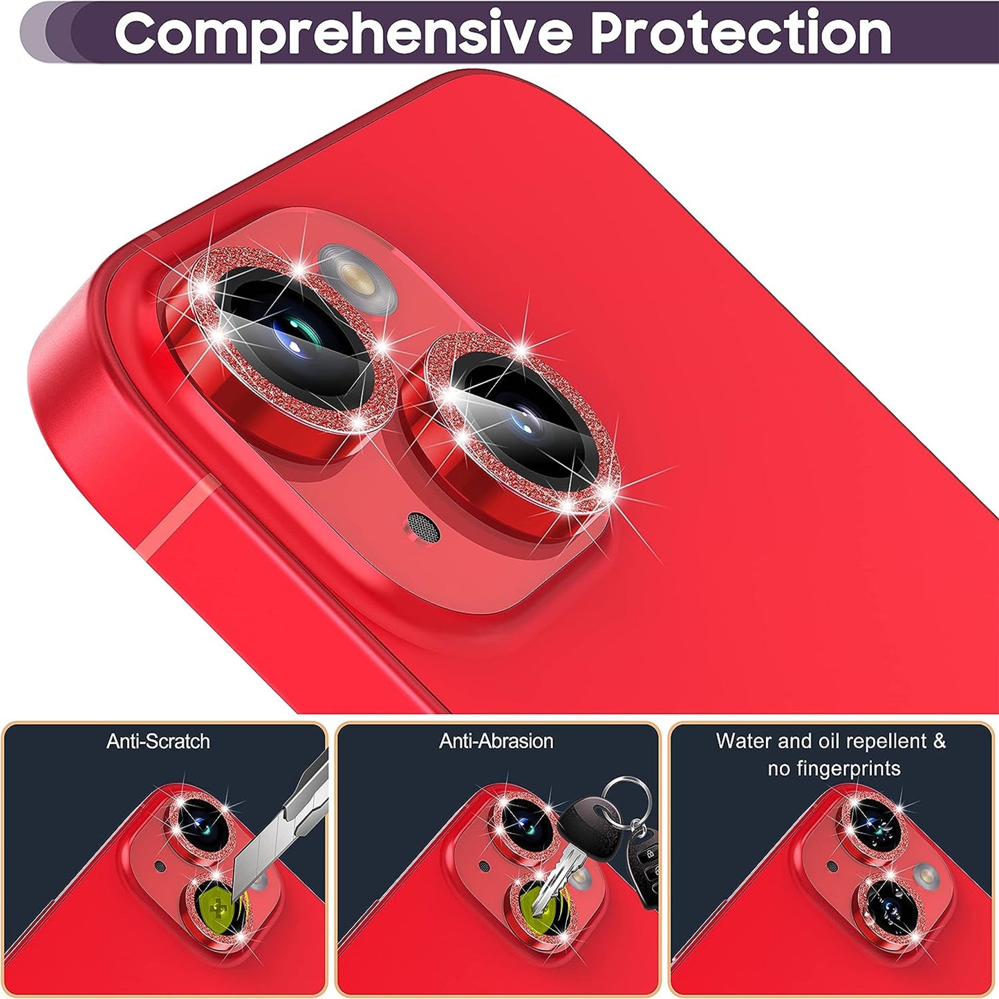 Uniqkart for iPhone 15 / 15 Plus Camera Lens Protector Set Glitter Metal Ring Tempered Glass Back Lens Film - Red
