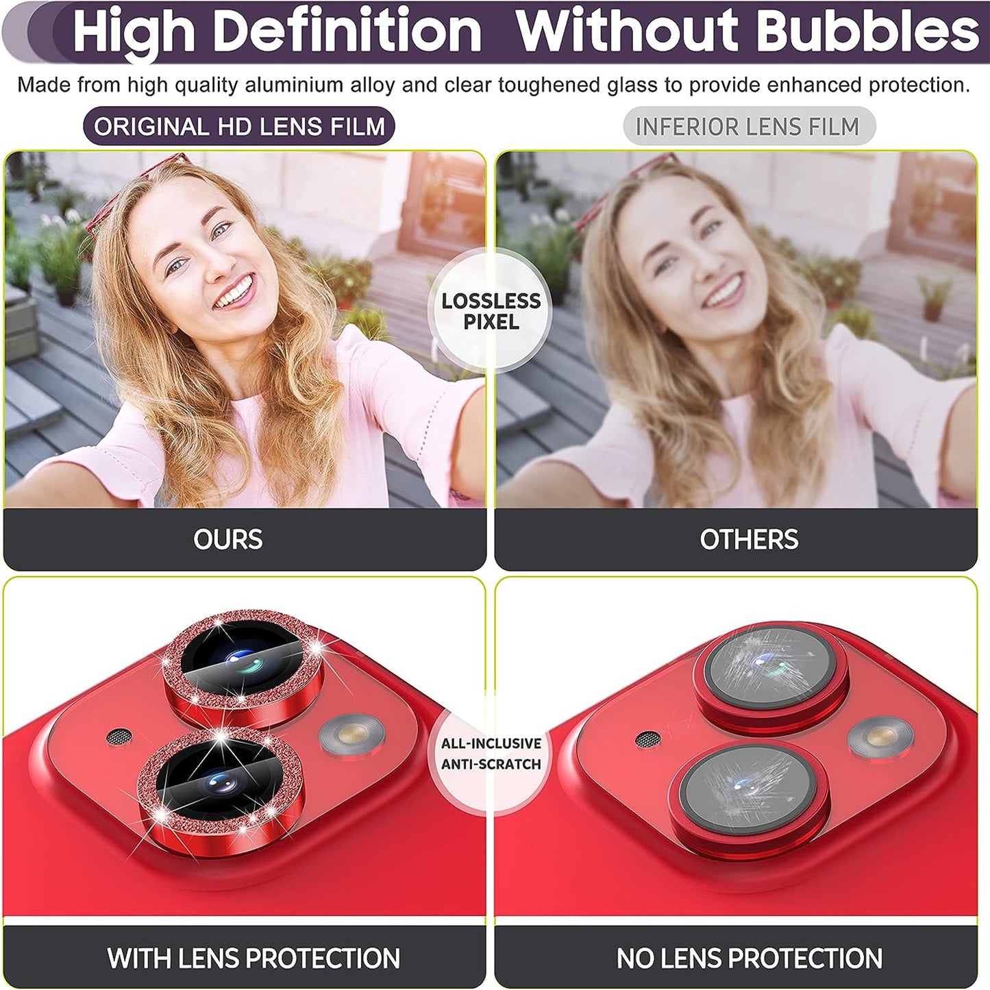 Uniqkart for iPhone 15 / 15 Plus Camera Lens Protector Set Glitter Metal Ring Tempered Glass Back Lens Film - Red