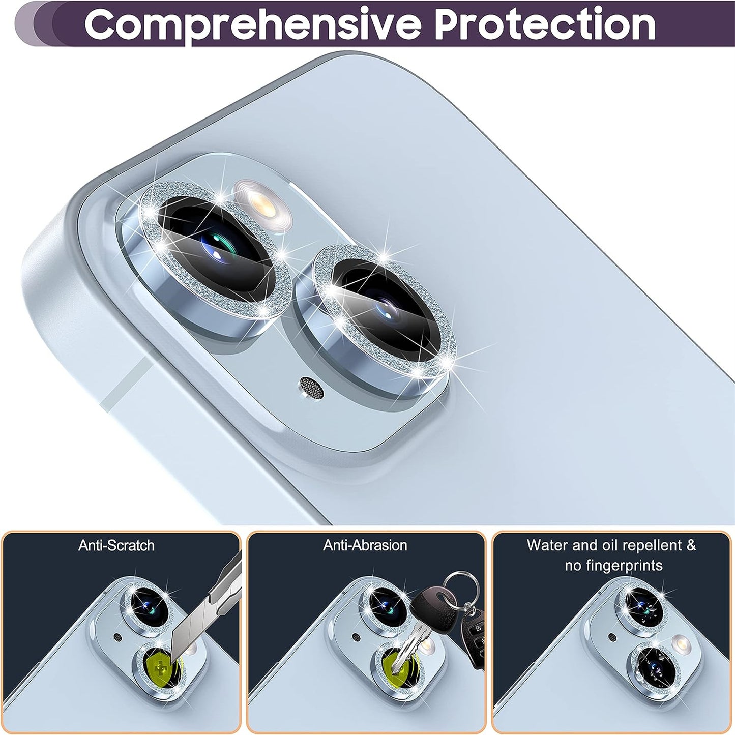 Uniqkart for iPhone 15 / 15 Plus Camera Lens Protector Set Glitter Metal Ring Tempered Glass Back Lens Film - Blue