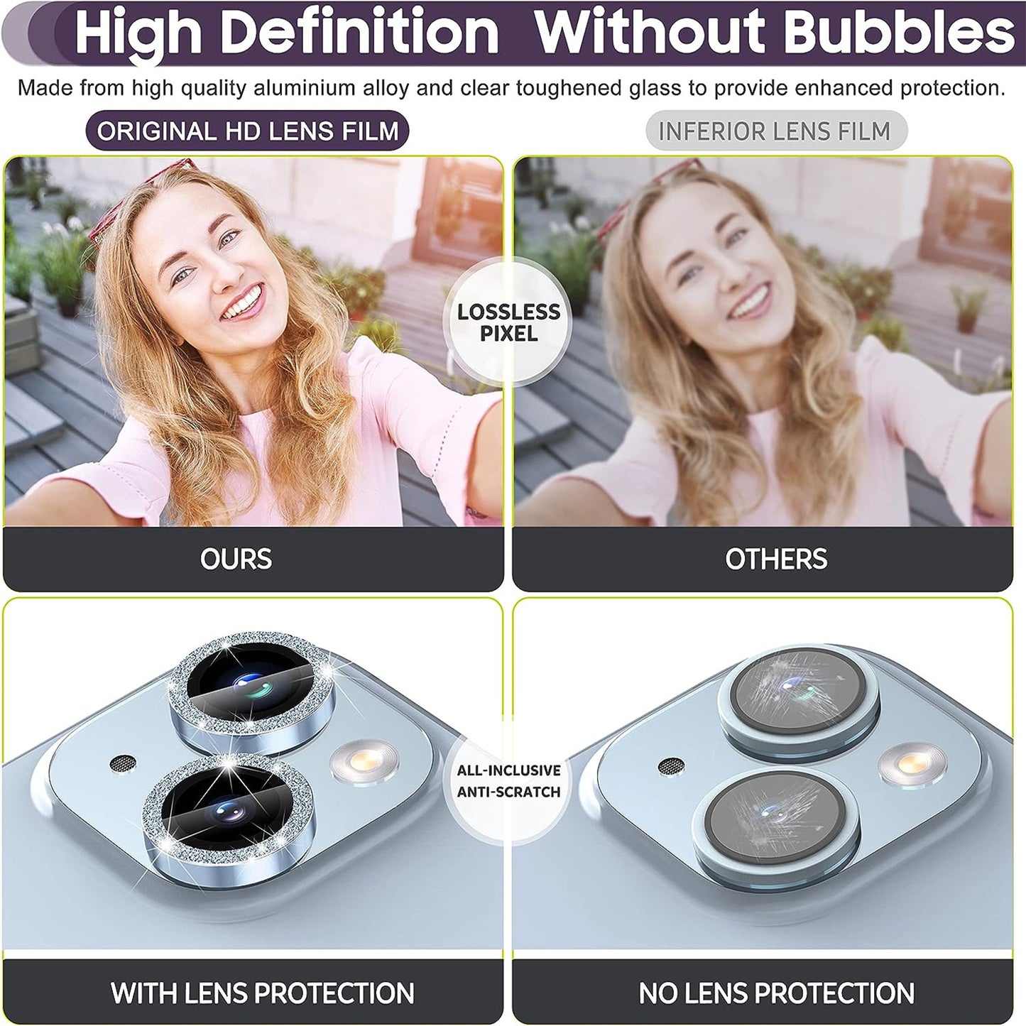 Uniqkart for iPhone 15 / 15 Plus Camera Lens Protector Set Glitter Metal Ring Tempered Glass Back Lens Film - Blue