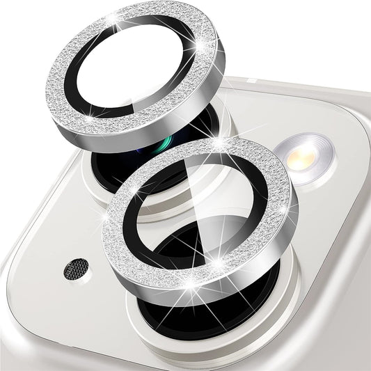 Uniqkart for iPhone 15 / 15 Plus Camera Lens Protector Set Glitter Metal Ring Tempered Glass Back Lens Film - Silver