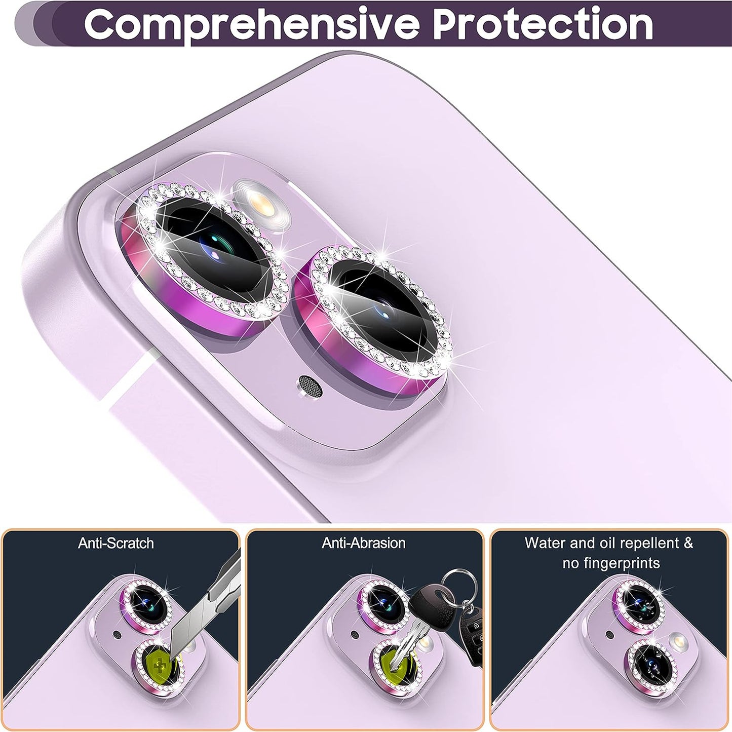 Uniqkart for iPhone 15 / 15 Plus Bling Rhinestone Camera Lens Protector Set Colorful Metal Ring Tempered Glass Lens Film