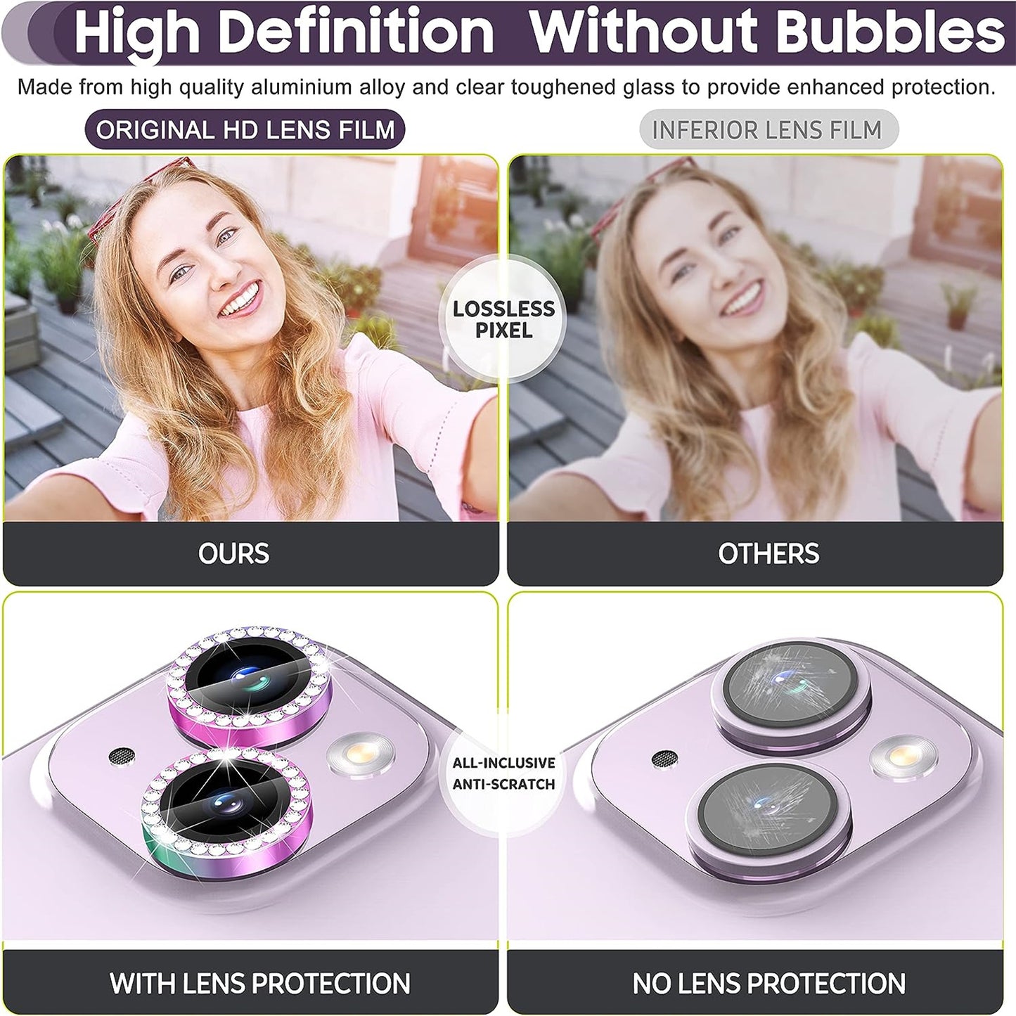 Uniqkart for iPhone 15 / 15 Plus Bling Rhinestone Camera Lens Protector Set Colorful Metal Ring Tempered Glass Lens Film