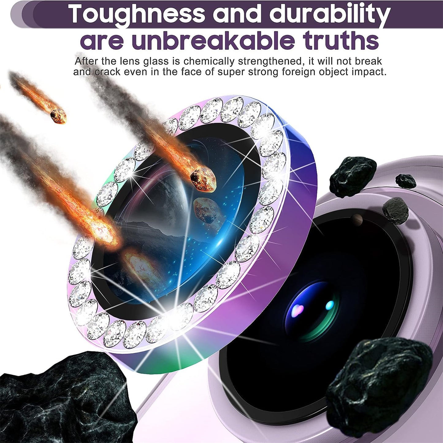 Uniqkart for iPhone 15 / 15 Plus Bling Rhinestone Camera Lens Protector Set Colorful Metal Ring Tempered Glass Lens Film