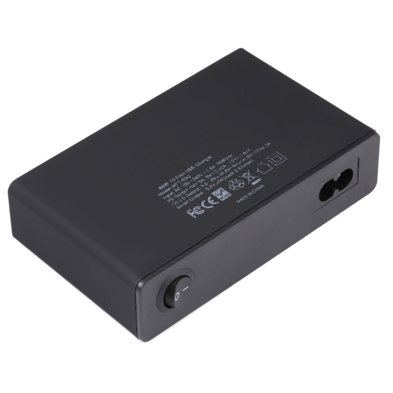 MFT-03Q USB Charger 10-Port 65W Multi-Port Type-C QC3.0 Charging Hub Compact Desktop Power Station - Black / EU Plug