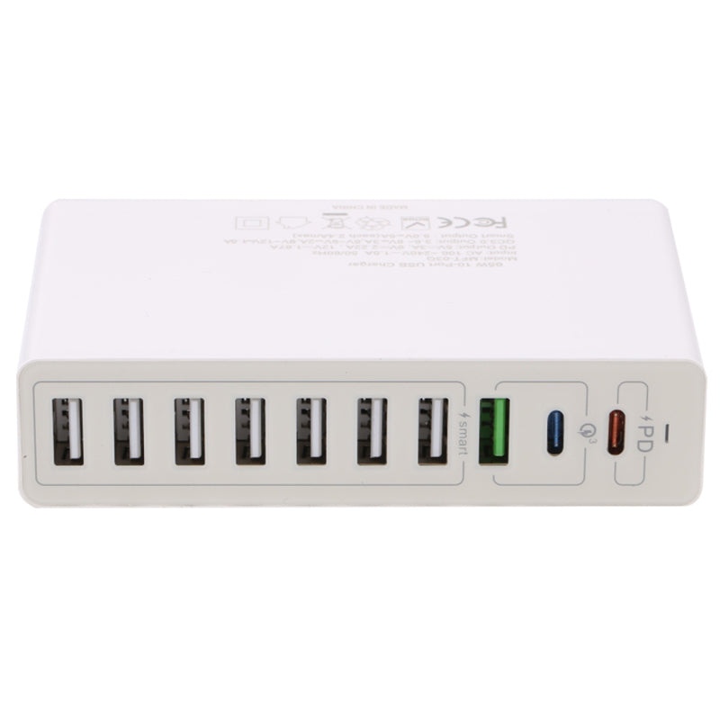 MFT-03Q USB Charger 10-Port 65W Multi-Port Type-C QC3.0 Charging Hub Compact Desktop Power Station - White / EU Plug