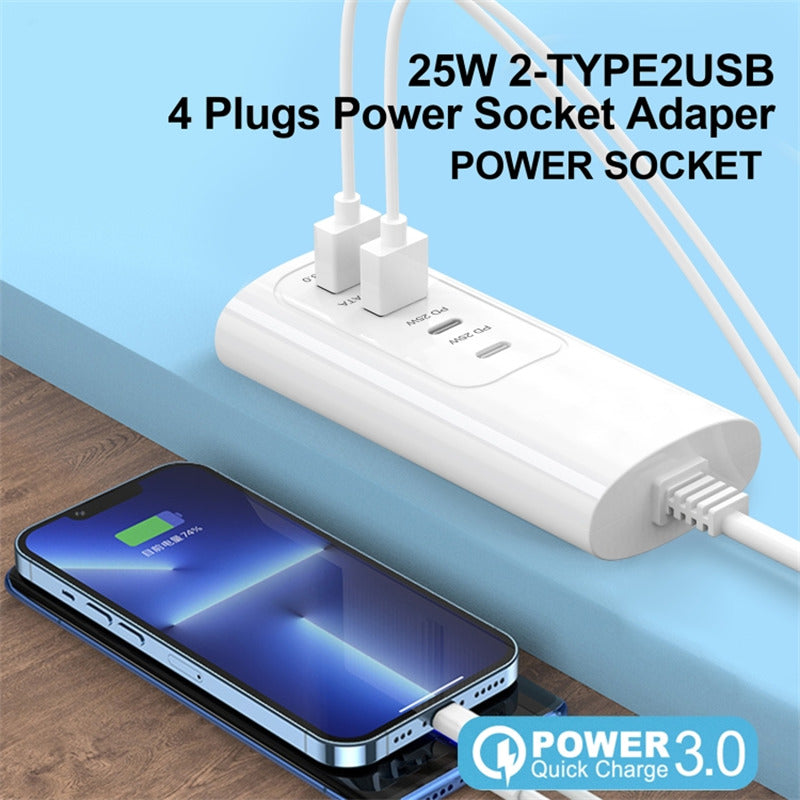 1m USB Plug PD 25W 2 USB + 2 Type-C Fast Charge Power Socket Phone Tablet Bluetooth Earphone Charger