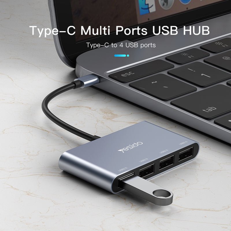 YESIDO HB13 0.15m USB C Hub Aluminum Type C Adapter with 4 USB 2.0 Ports for MacBook Pro and Other Devices