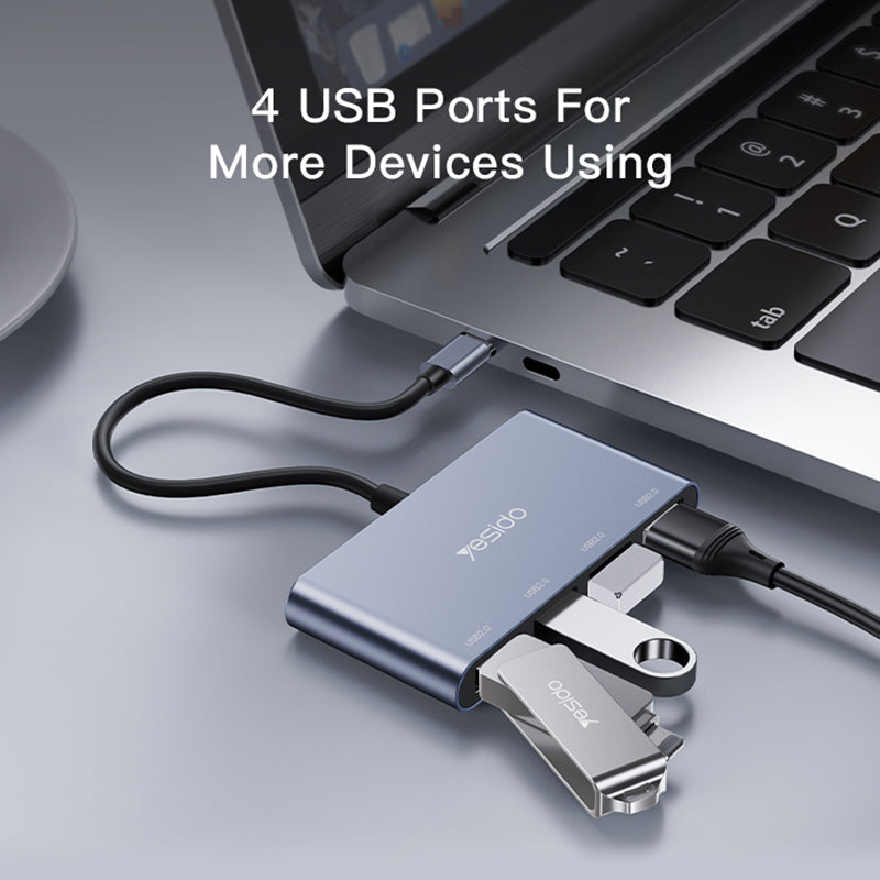 YESIDO HB13 0.15m USB C Hub Aluminum Type C Adapter with 4 USB 2.0 Ports for MacBook Pro and Other Devices
