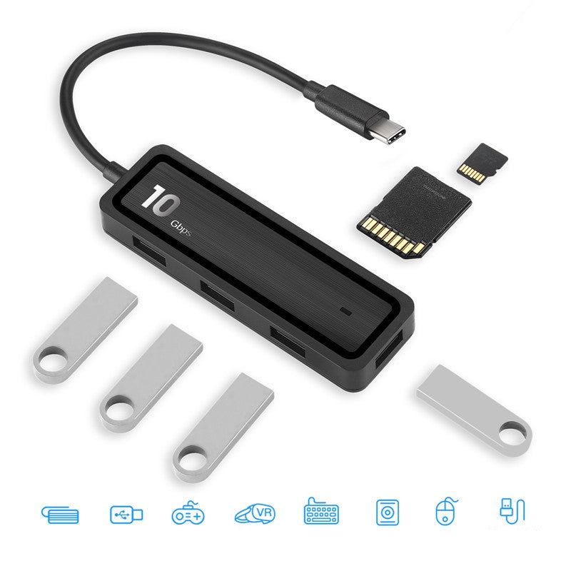 HU-002 Type C Hub Adapter 10Gbps High Speed Transmission Converter to 4xUSB 3.2 Ports and 2 Card Reader Slots Suitable for Computers Laptops