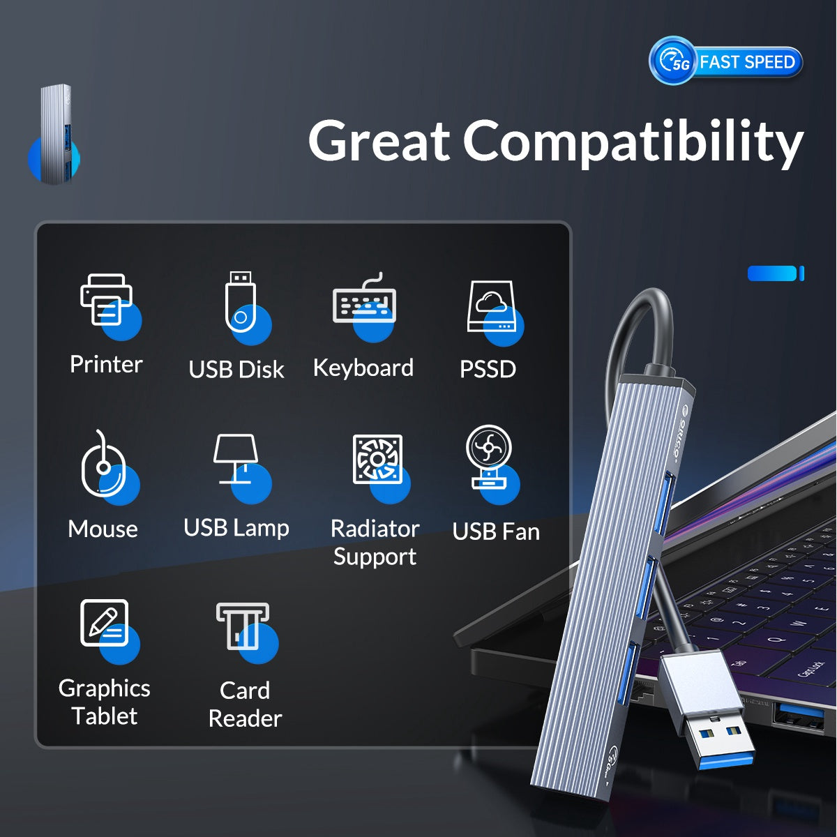 Uniqkart AH-A13 1*USB 3.0 + 3*USB 2.0 HUB 4 Port Aluminum Alloy USB Splitter for Macbook Pro PC Computer