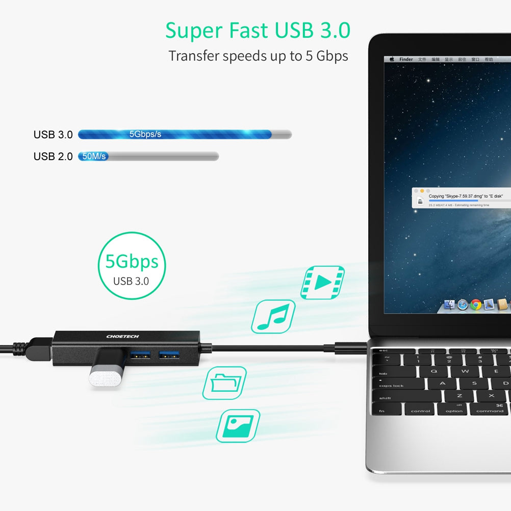 Choetech HUB-U02 4-in-1 USB-C to RJ45 + 3 USB3.0 Ports Ethernet Adapter Network Cable Connector USB Hub
