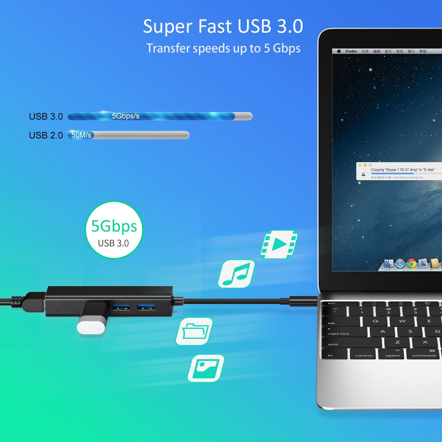 Choetech HUB-U02 4-in-1 USB-C to RJ45 + 3 USB3.0 Ports Ethernet Adapter Network Cable Connector USB Hub