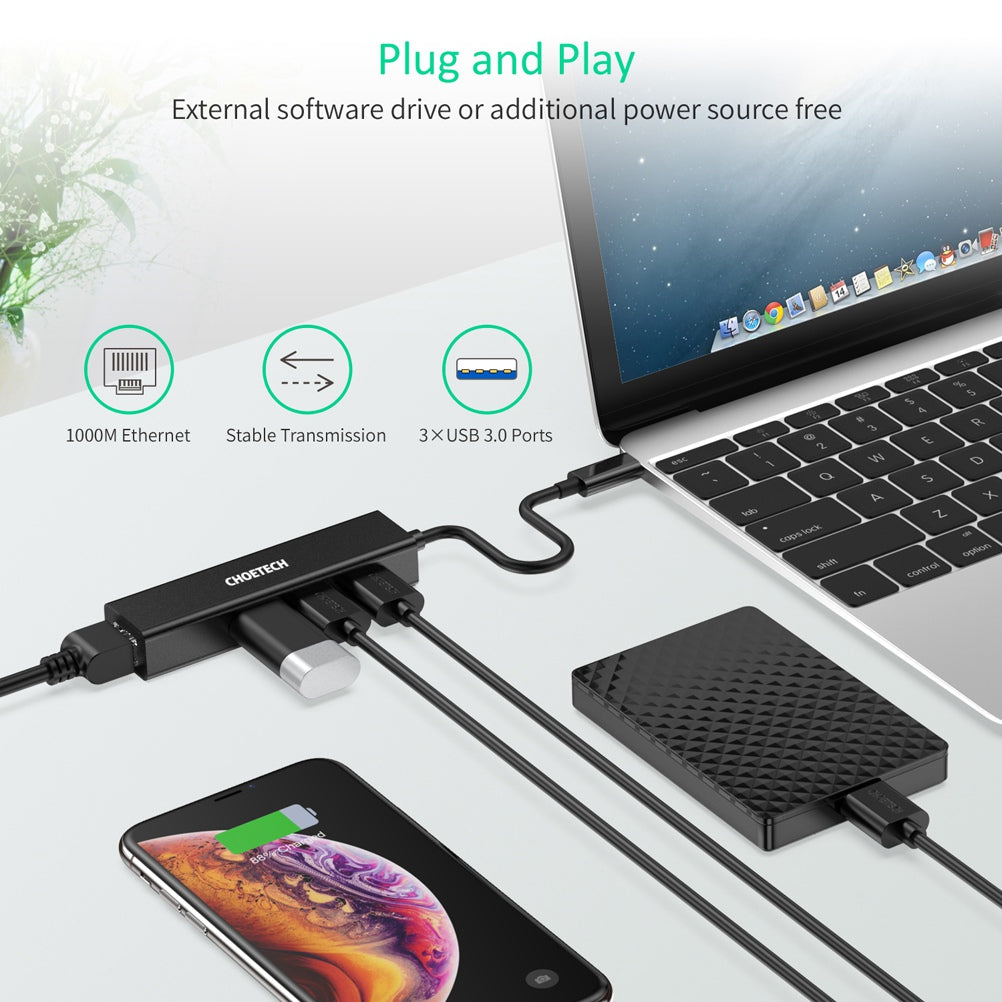 Choetech HUB-U02 4-in-1 USB-C to RJ45 + 3 USB3.0 Ports Ethernet Adapter Network Cable Connector USB Hub