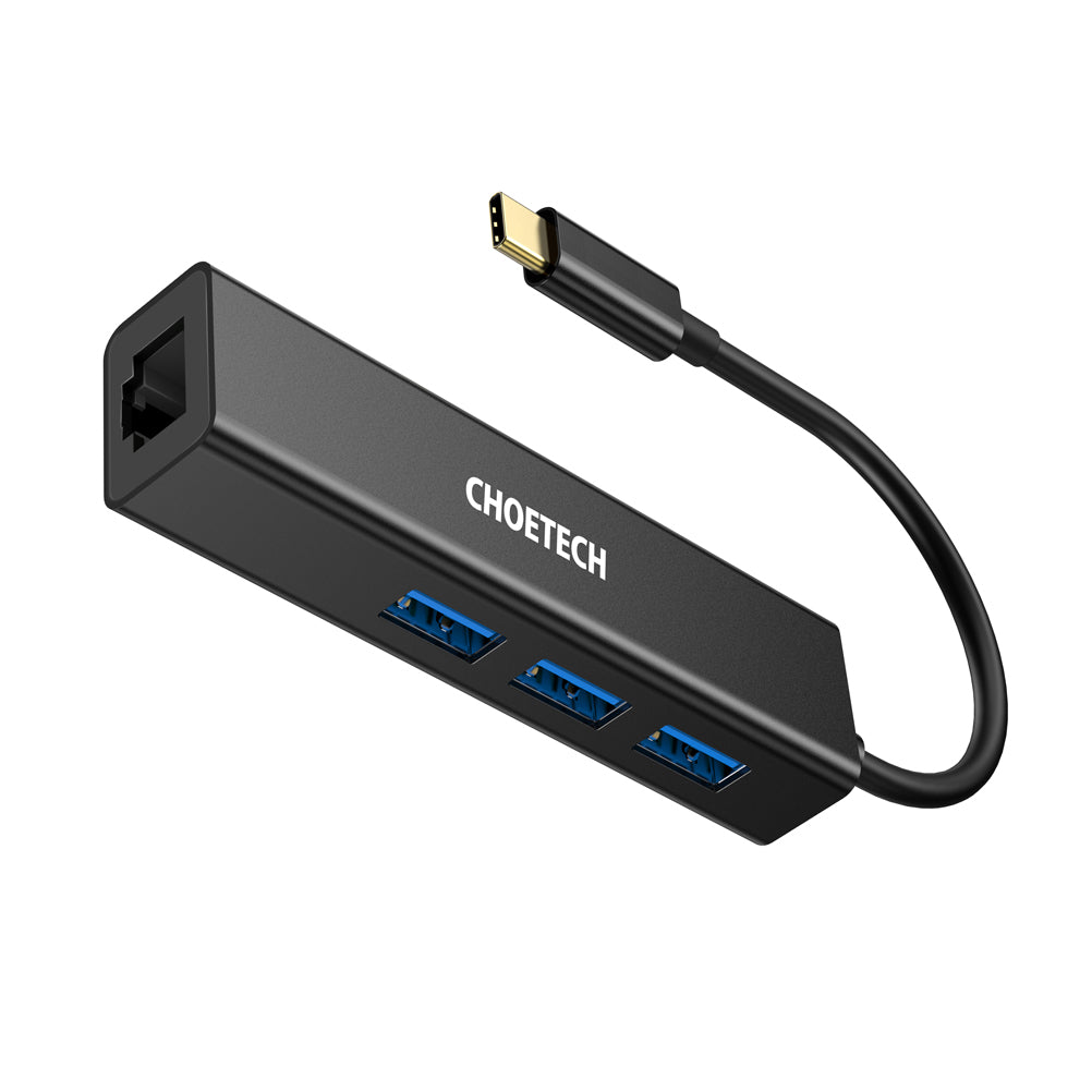 Choetech HUB-U02 4-in-1 USB-C to RJ45 + 3 USB3.0 Ports Ethernet Adapter Network Cable Connector USB Hub