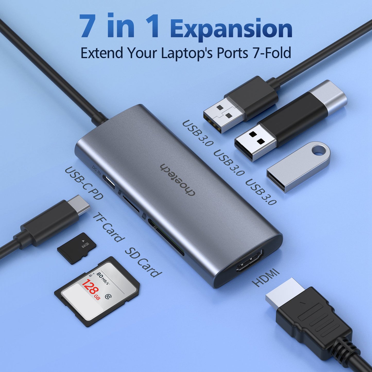 CHOETECH HUB-M19 7-in-1 USB-C to HD + 3 USB3.0 + Type-C + TF / SD Slot Adapter USB Hub for Laptop Tablet Phone