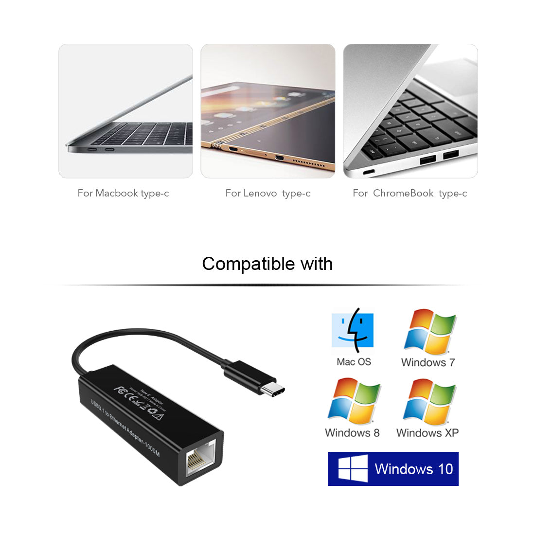 Choetech HUB-R01 USB-C to RJ45 10 / 100 / 1000Mbps Ethernet Adapter Cord Network Nickel-plated Connector