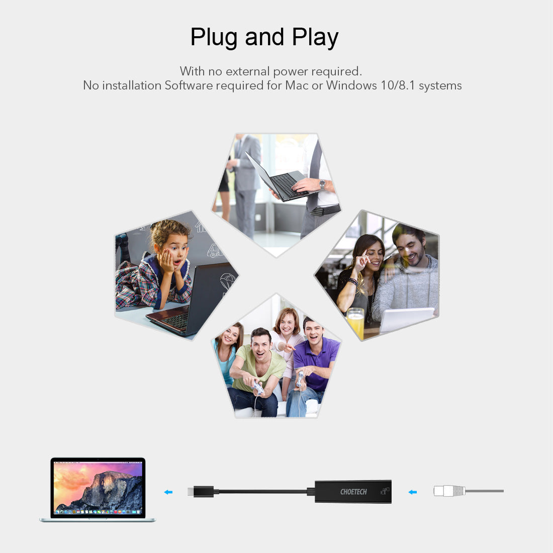 Choetech HUB-R01 USB-C to RJ45 10 / 100 / 1000Mbps Ethernet Adapter Cord Network Nickel-plated Connector