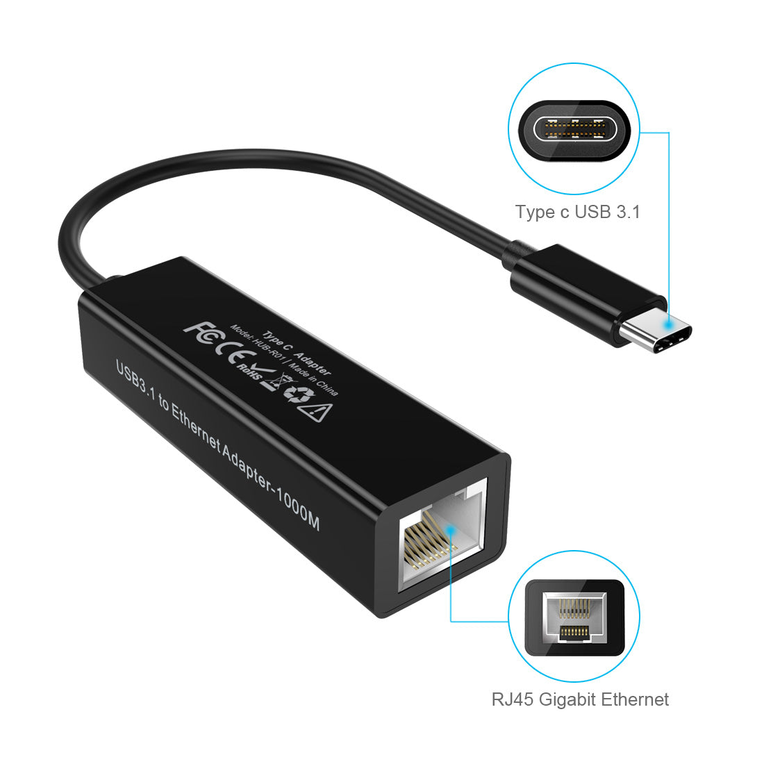 Choetech HUB-R01 USB-C to RJ45 10 / 100 / 1000Mbps Ethernet Adapter Cord Network Nickel-plated Connector