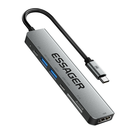 Essager Type-C Hub Converter to PD 60W Fast Charging+Type-C Data Port+USB 3.2+USB 2.0+HD Video Output+2 Card Reader Slots