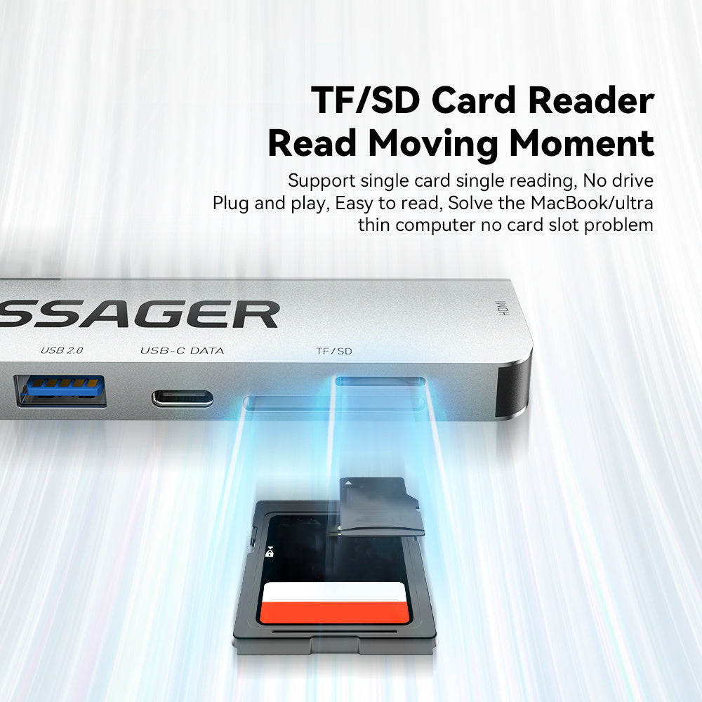 Essager Type-C Hub Converter to PD 60W Fast Charging+Type-C Data Port+USB 3.2+USB 2.0+HD Video Output+2 Card Reader Slots