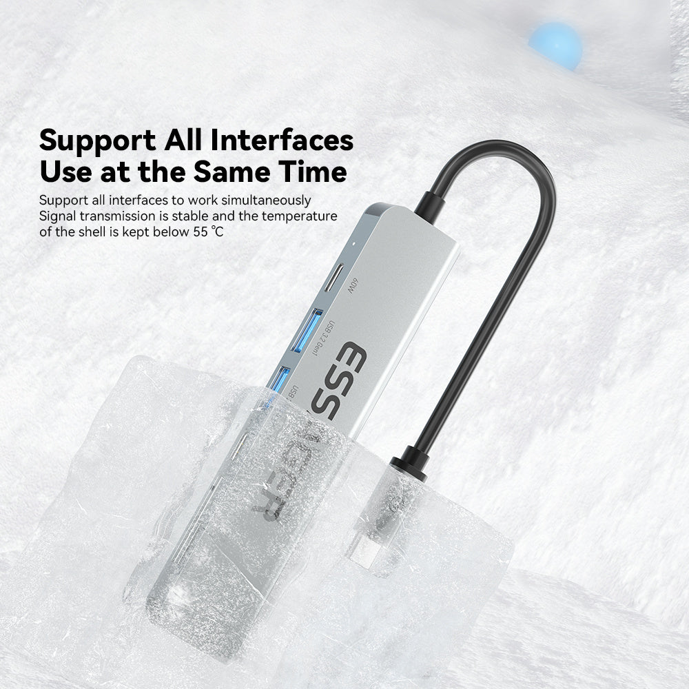 Essager Type-C Hub Converter to PD 60W Fast Charging+Type-C Data Port+USB 3.2+USB 2.0+HD Video Output+2 Card Reader Slots