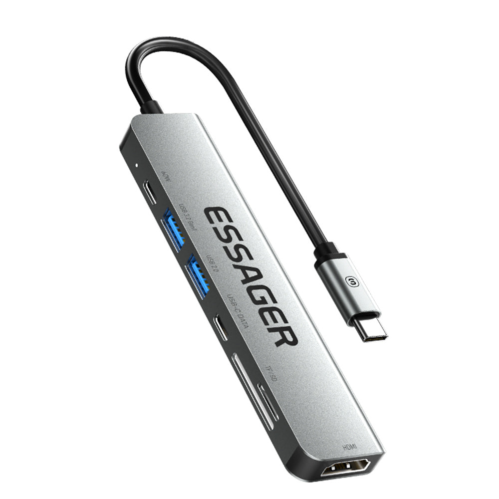 Essager Type-C Hub Converter to PD 60W Fast Charging+Type-C Data Port+USB 3.2+USB 2.0+HD Video Output+2 Card Reader Slots