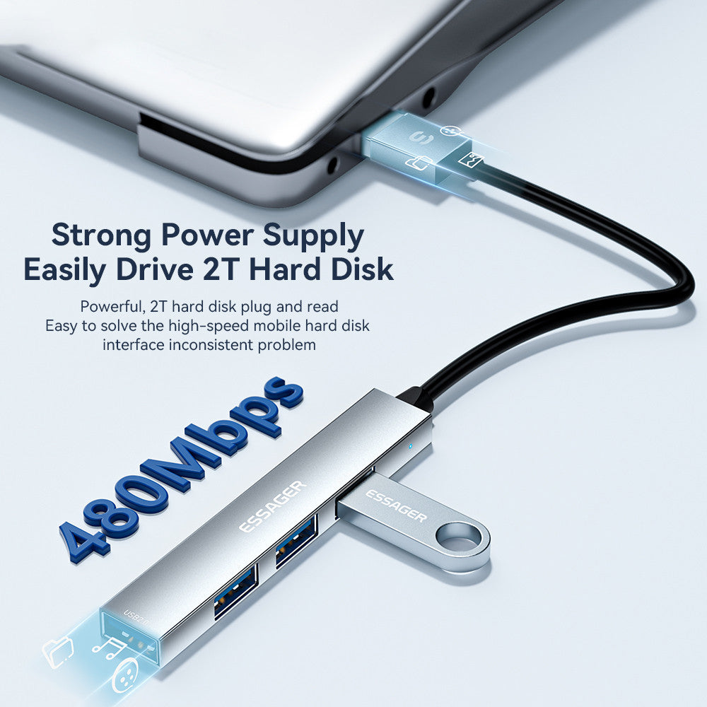 Essager 4-in-1 USB Hub 4 USB2.0 Ports Splitter Tablet Laptop Aluminum Alloy Adapter - USB-A / Silver