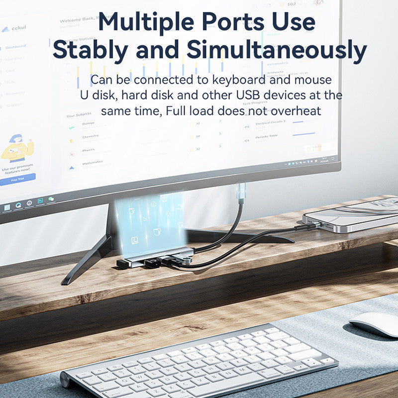 Essager 4-in-1 USB Hub 4 USB2.0 Ports Splitter Tablet Laptop Aluminum Alloy Adapter - Type-C / Silver