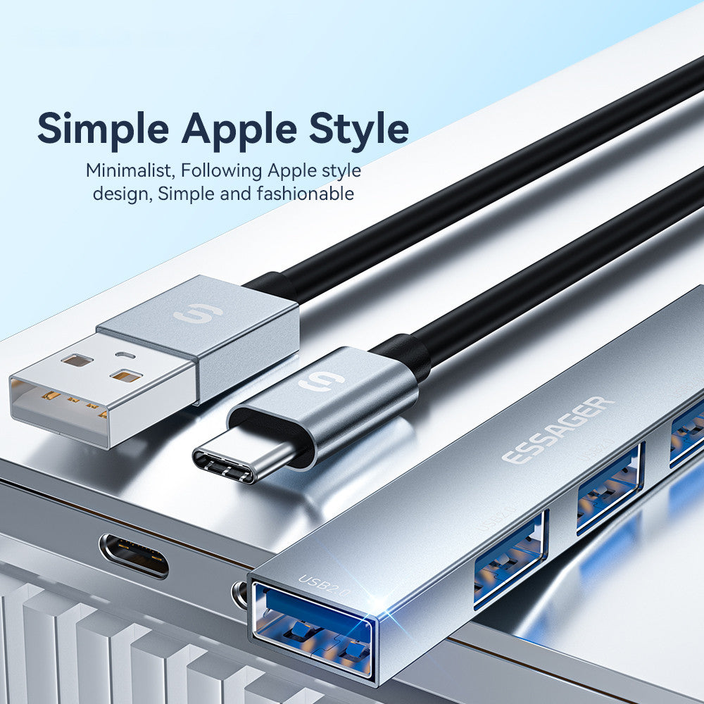 Essager 4-in-1 USB Hub 4 USB2.0 Ports Splitter Tablet Laptop Aluminum Alloy Adapter - Type-C / Silver