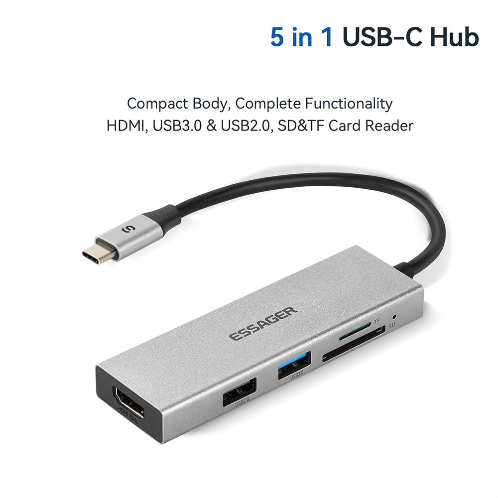 Essager 5-in-1 Aluminum Alloy USB-C Hub HDMI + USB3.0 + USB2.0 + TF / SD Slot Splitter Adapter