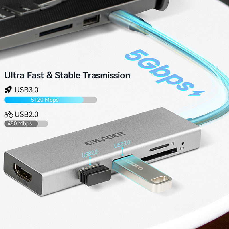 Essager 5-in-1 Aluminum Alloy USB-C Hub HDMI + USB3.0 + USB2.0 + TF / SD Slot Splitter Adapter