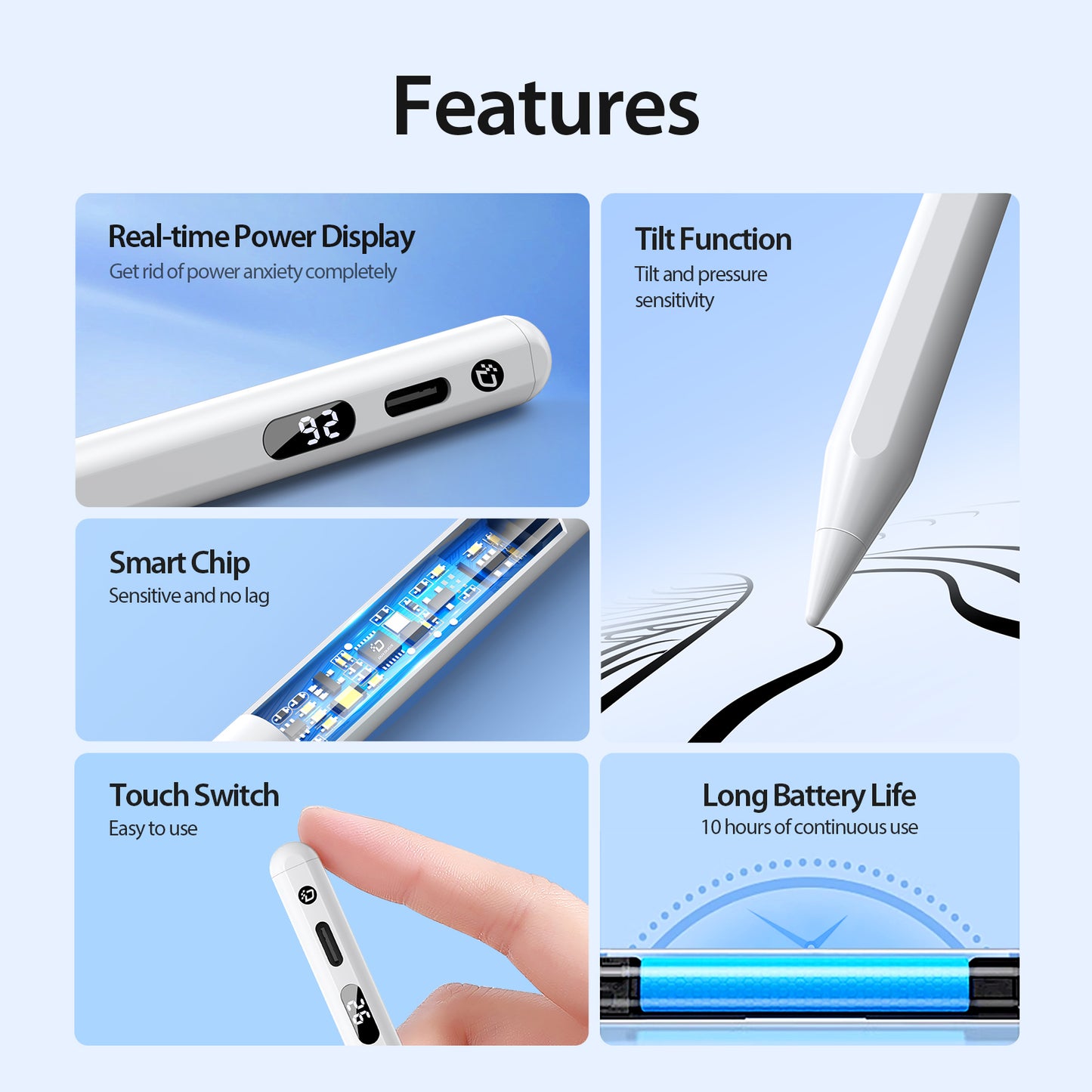 Uniqkart Stylus Pen for iPad Tablets Pen Capacitive Screen Writing Stylus Pencil with Power Display - White
