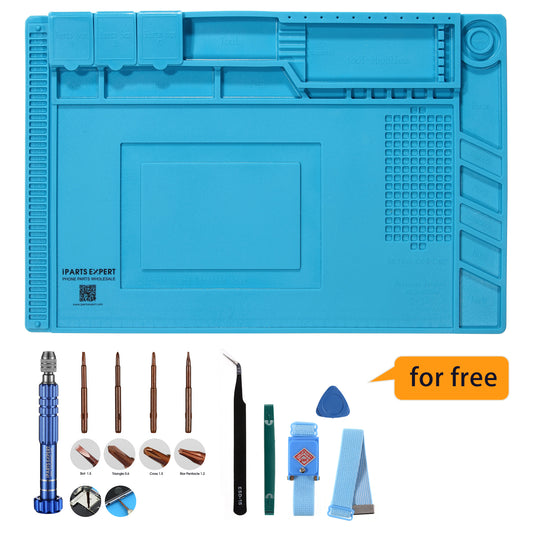 IPARTSEXPERT Silicone Maintenance Pad + Screwdriver Repair Tool Set with Straps, Tweezer &amp; Scraper