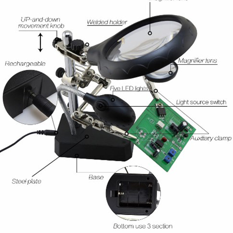 BST-16129C New Function 5X LED Fixing Clip 3 in 1 Welding Magnifier for Repairing PCB Mobile Phone Screen Magnifier
