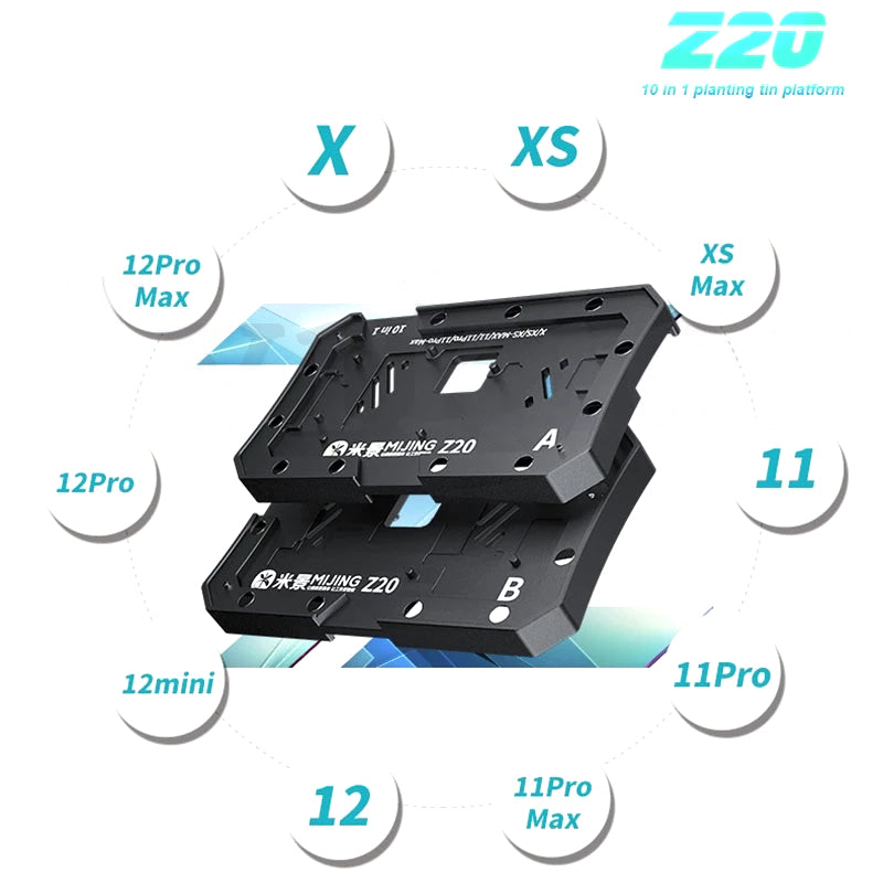 Uniqkart Z20 10-in-1 BGA Reballing Stencil Platform Fixture Motherboard Middle Frame Planting Tin Template for iPhone X/XS/XS Max/11/12 Pro Max