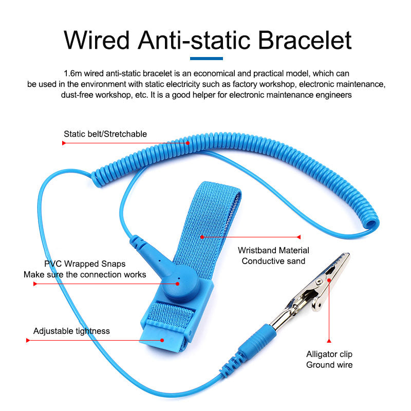Uniqkart 1.6m Wired Adjustable Anti-Static Bracelet Stretchable Wrist Band with Ground Wire for Electronics Repair