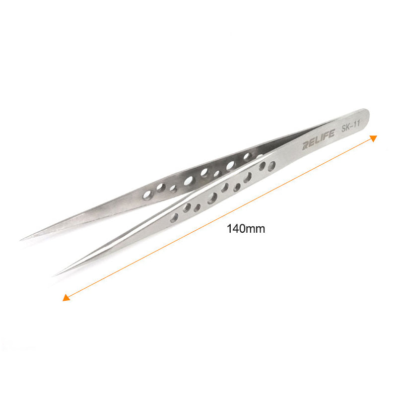 Relife SK-11 Straight Tip Tweezers with Holes Stainless Steel Precision Tweezers Circuit Board Repairing Tool