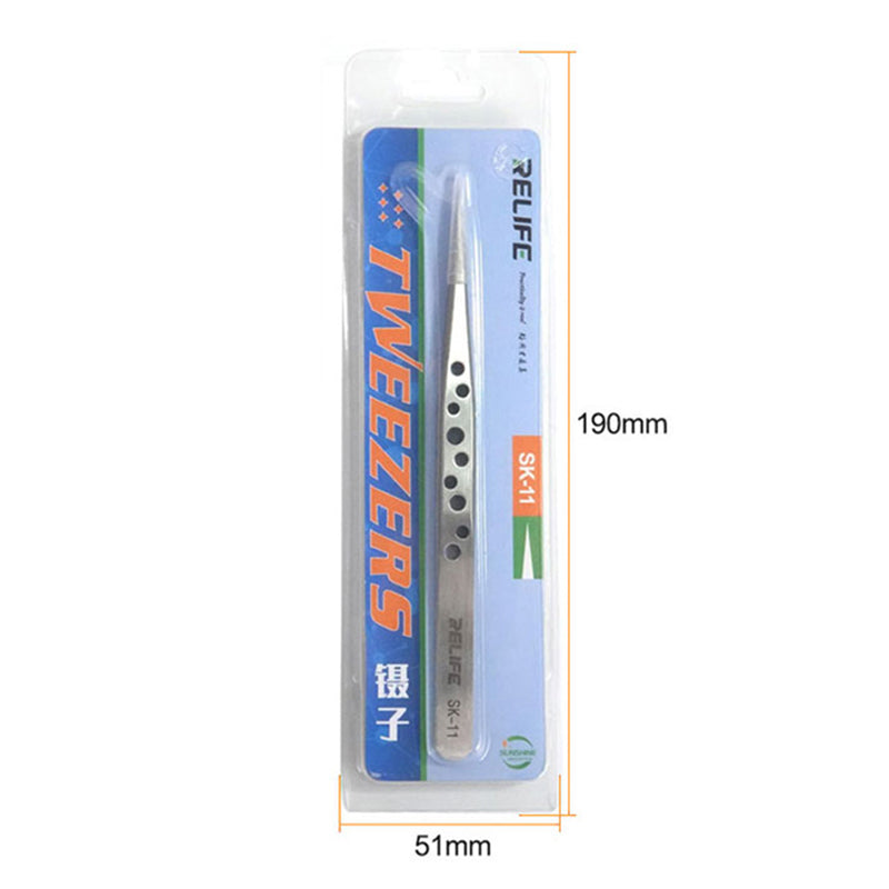 Relife SK-11 Straight Tip Tweezers with Holes Stainless Steel Precision Tweezers Circuit Board Repairing Tool