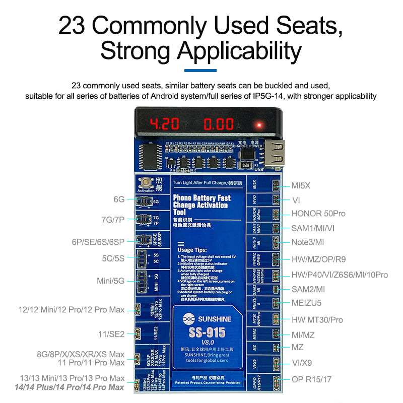 Uniqkart SS-915 V8.0 Battery Quick Charging Activation Board Universal Phone Repair Battery Activation Plate Test Fixture for Apple / Android