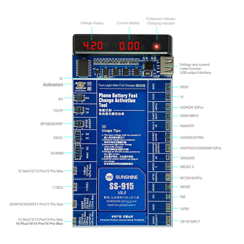 Uniqkart SS-915 V8.0 Battery Quick Charging Activation Board Universal Phone Repair Battery Activation Plate Test Fixture for Apple / Android