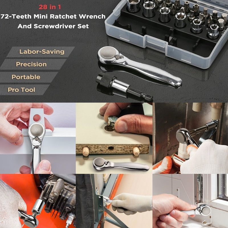28Pcs Mini Mechanic Tool Kits Portable Ratchet Wrench Set with 72 Teeth Reversible Ratchet (Metric)